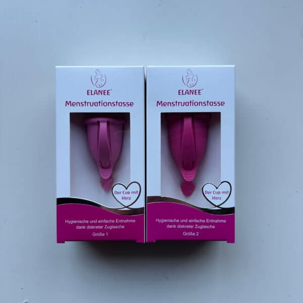 Elanee menstruatiecup in maat 1 en 2, herbruikbare siliconen cup voor comfortabel en lekvrij menstrueren, duurzaam alternatief voor tampons en maandverband, verkrijgbaar bij Pure Start.