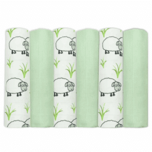 Set van 6 hydrofiele doeken met schaapjes dessin, gemaakt van biologisch katoen.