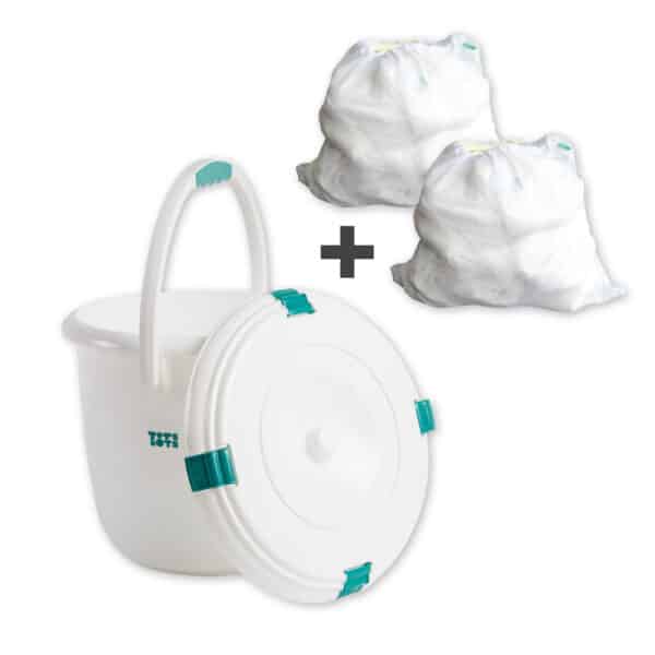 Witte TotsBots luieremmer van 16 liter met stevig deksel, perfect voor het veilig en geurvrij bewaren van wasbare luiers.