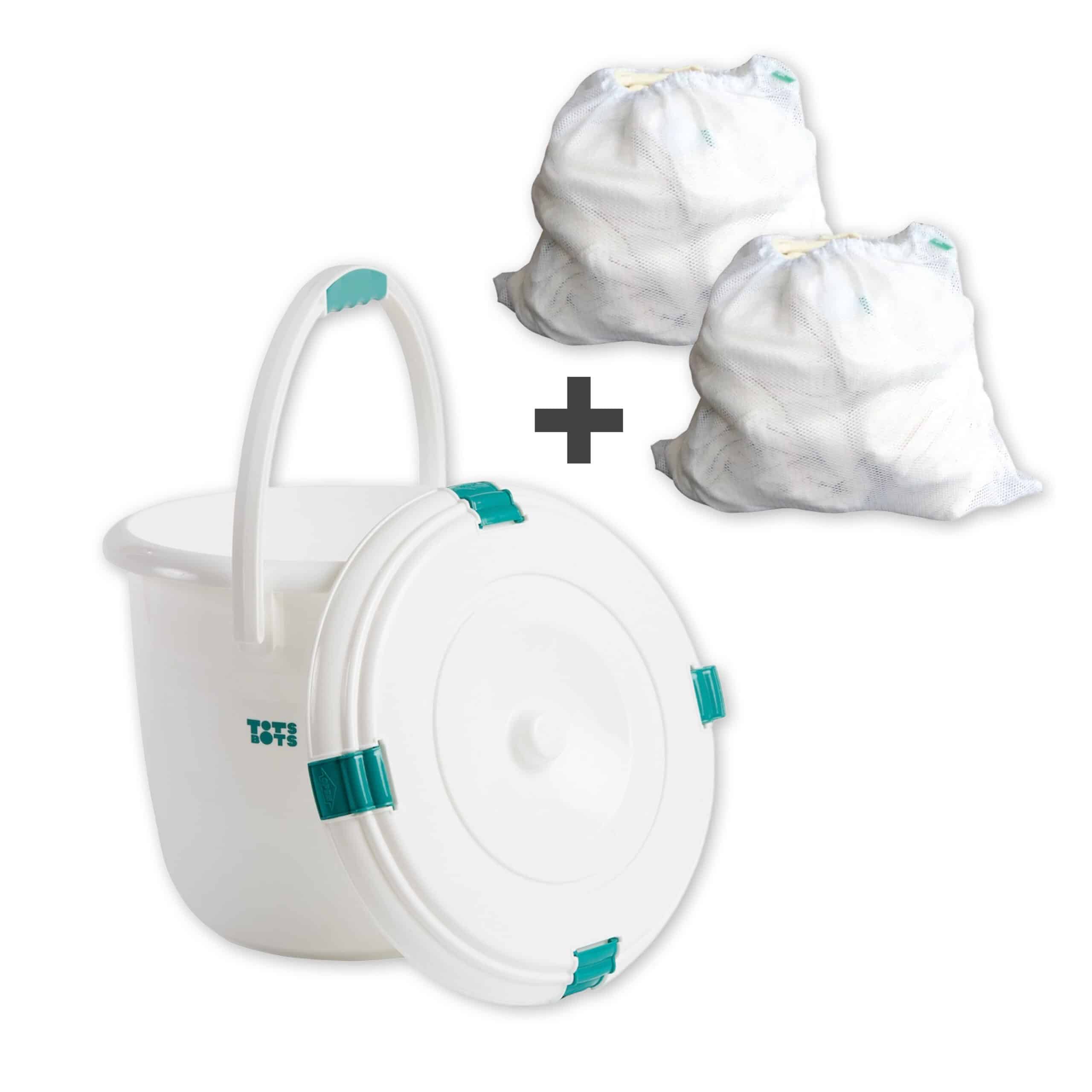 Witte TotsBots luieremmer van 16 liter met stevig deksel, perfect voor het veilig en geurvrij bewaren van wasbare luiers.