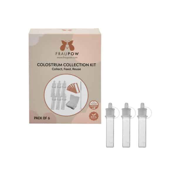 Fraupow verpakking van colostrum verzamelset met losse flesjes ernaast.