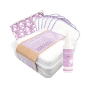Billiesbox Full Kit met wasbare billendoekjes, lavendel lotion, wetbag en opbergbox voor het duurzaam en zacht verschonen van je baby.