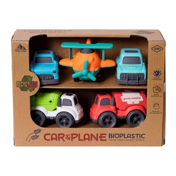 5 bioplastic voertuigen auto's en vliegtuig in verpakking.