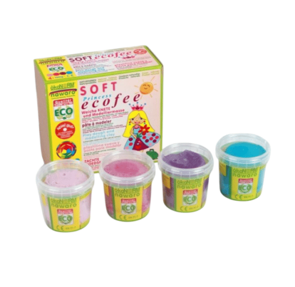 Vier potjes prinsessenkleuren boetseerklei van Okonorm.