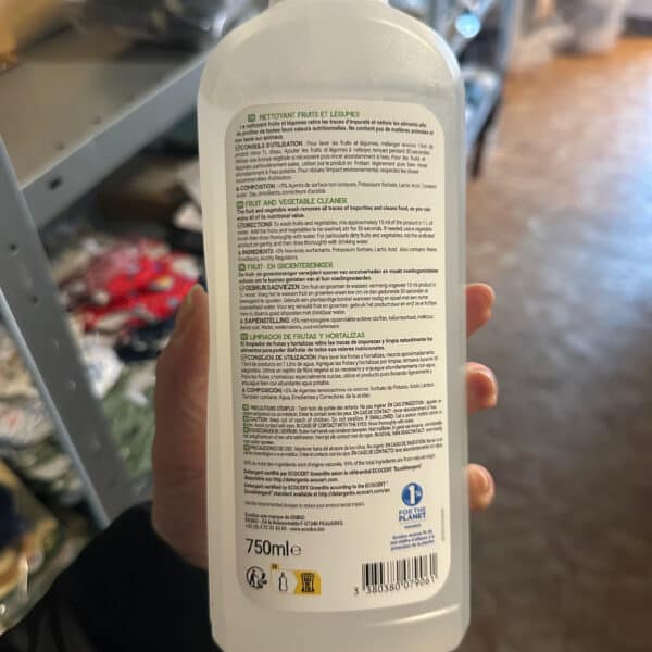Ecodoo fruit en groente reiniger 750 ml natuurlijk schoonmaakmiddel voor groente en fruit achterkant ingrediënten