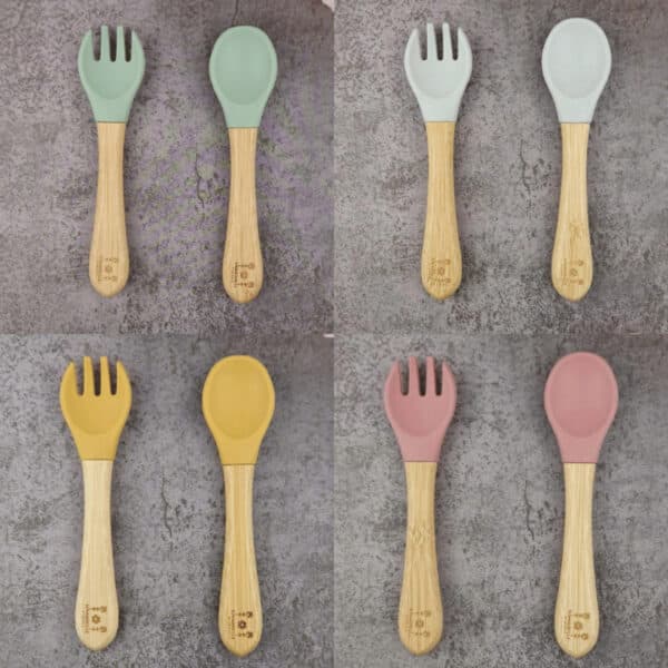 Kinder bestek bamboe en siliconen voor zelfstandig eten baby