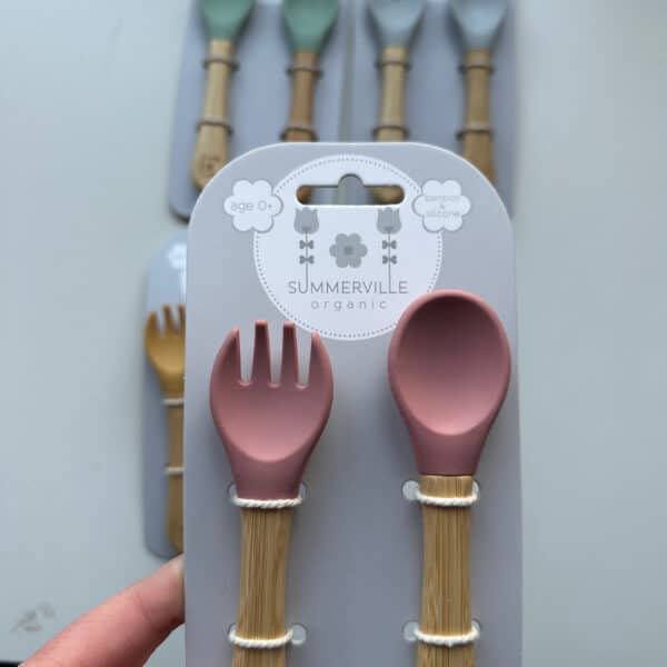 Kinder bestek bamboe en siliconen voor zelfstandig eten baby