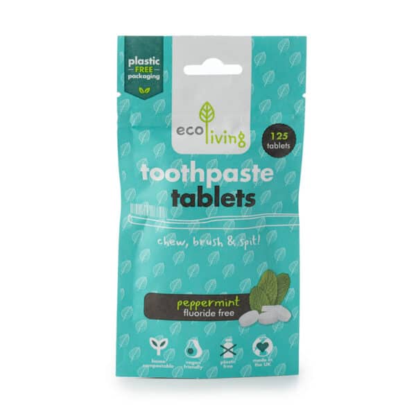 Tandpastatabletten van Ecoliving in een zakje. Vrij van fluoride.