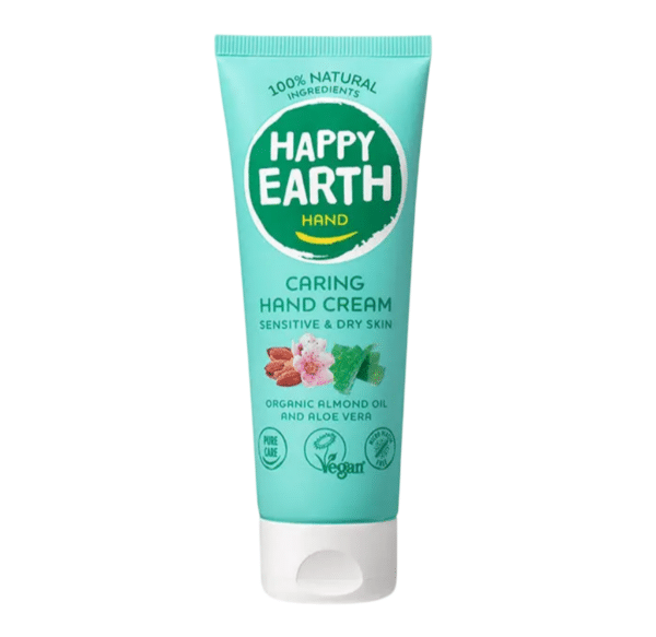 Verzorgende handcrème van Happy Earth in tube van 75 ml.